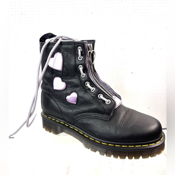 Dr. Martens 9 Black Leather Boots with Purple Heart Details